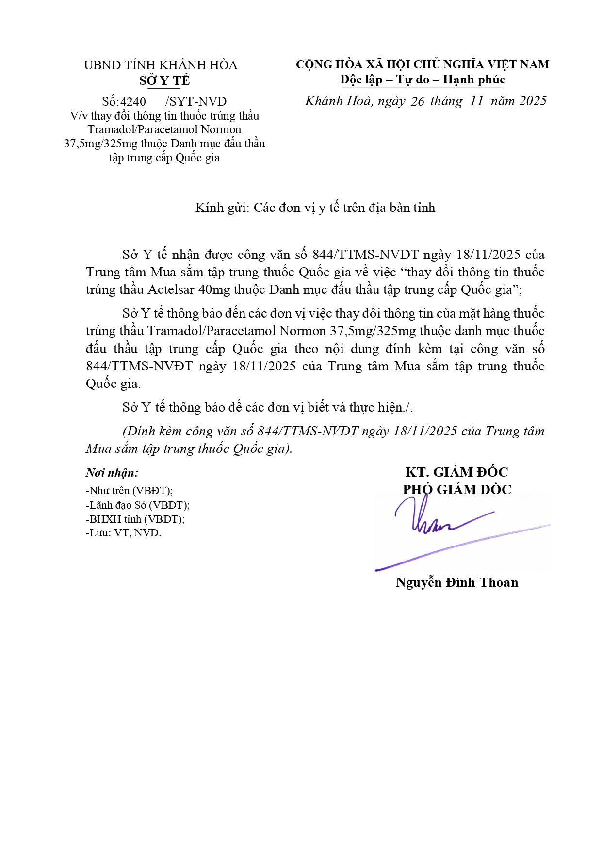 V/v thay đổi thông tin thuốc trúng thầu Tramadol/Paracetamol Normon 37,5mg/325mg thuộc Danh mục đấu thầu tập trung cấp Quốc gia